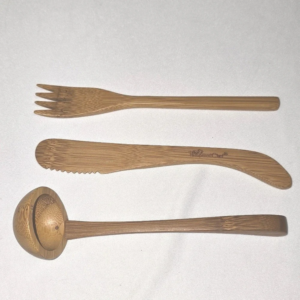 Pampered Chef Bamboo Utensil Set 3 Piece Ladle Spreader Fork Brown Wood 1007